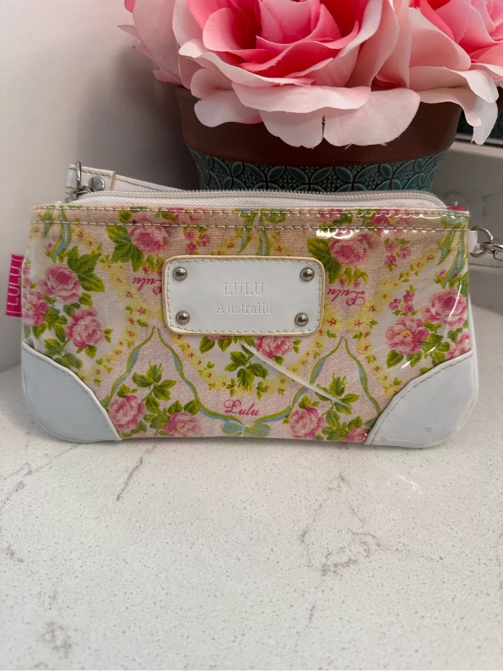 Pink Floral Wristlet Clutch with White Trim